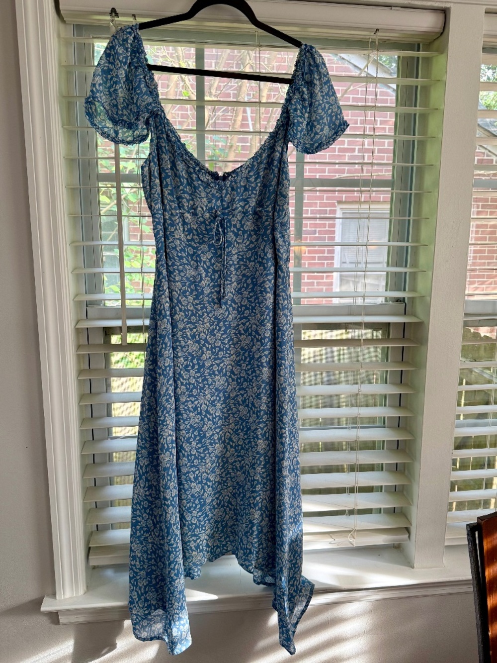 Reformation Emile Midi Dress - Size 12; Light Blue and White